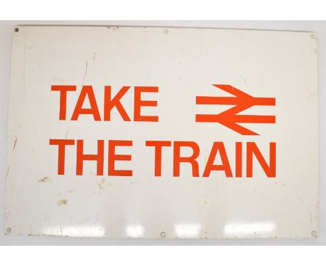 British Railways printed aluminium Take the Train sign, with double arrow logo, 51 x 76cm