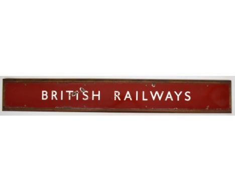 British Railways Midland region vintage enamel poster board or similar sign, 14.5 x 128cm, mounted on wooden board