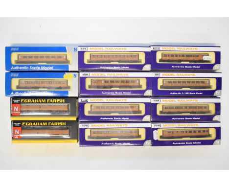Twelve Dapol and Graham Farish LNER N gauge model railway teak coaches, all in original boxes.