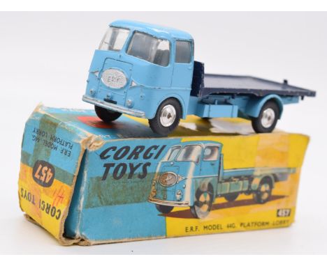 Corgi Toys diecast model ERF 44G platform lorry with light blue cab and navy blue bed, 457, in original box.