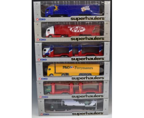Six Corgi Superhaulers 1:64 scale diecast model lorries to include Volvo Tanker Robert Wiseman Dairies, 59549, Volvo Curtains