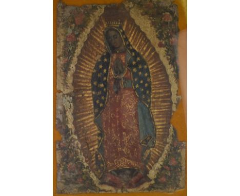 Religious Old Master School oil on canvas fragment depicting a crowned lady with cherub's face below, 35.5 x 21.5cm in ornate