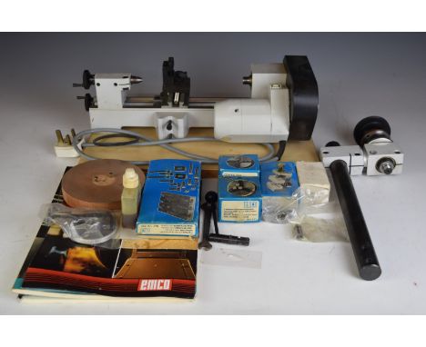 Emco Unimat 3 model engineering or watchmakers lathe, with milling table and top spindle, vice, four and three jaw chucks, fa