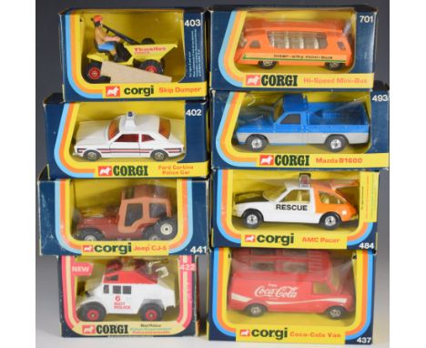 Eight Corgi Toys diecast model vehicles Ford Cortina Police Car 402, Thwaites Tusker Skip Dumper 403, Riot Police 422, Coca-C