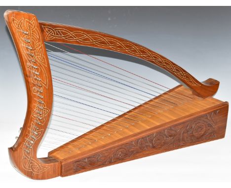 Celtic 22 string specimen wood harp with inlaid and carved decoration / detail, length 84cm x width 50cm