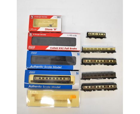Six Dapol N gauge model railway coaches including Collett, some original boxes.