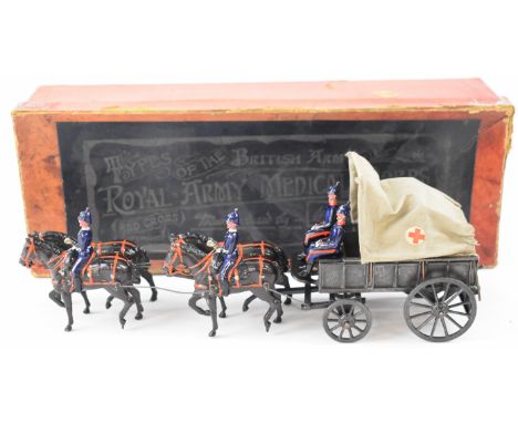 Britains Royal Army Medical Corps (Red Cross), with 4 horses, 2 mounted riders, 2 drivers, flat bed carriage, drop down tailg