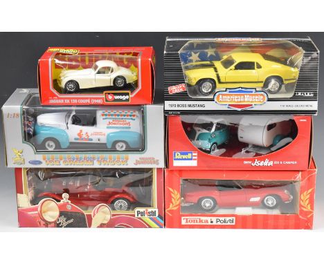 Six 1:18 scale dicast model vehicles by Burago, Polistil, Ertl and similar to include Alfa Romeo 1750 6c, Ferrari California 