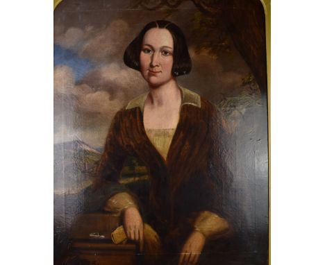 18th or early 19thC oil on canvas portrait of a lady holding a pair of gloves, with bridge in a possibly Highland or Welsh la