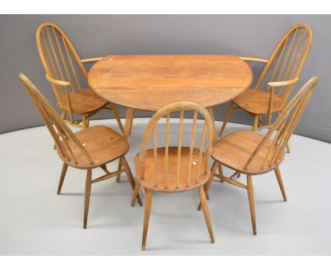 Ercol mid century modern light elm dining table and chairs, W126 x D110 x H72cm