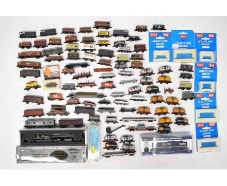 Ninety Graham Farish, Lima, Osborns and similar N gauge model railway wagons, some in original boxes.
