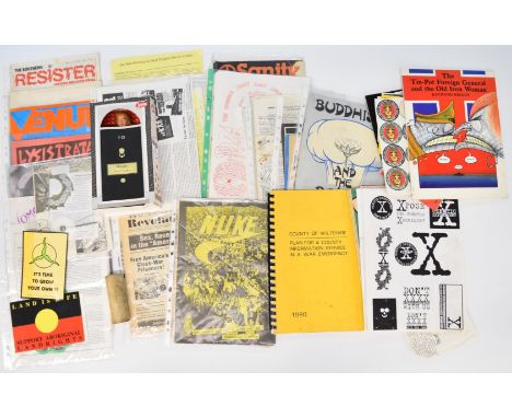 Large quantity of ephemera and objects relating to political activism c1970s/80s including CND, Greenham Common, women's acti