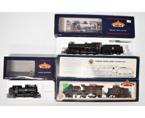 Three Bachmann 00 gauge engines comprising 5700 Pannier Tank 7739 BR Black Early Emblem 32-211, Manor 7813 'Freshford Manor' 
