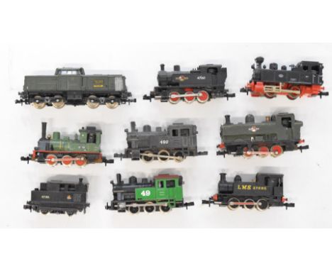 Nine Hornby Minitrix and other N gauge model railway locomotives including Continental and Sentinel Shunting. 
