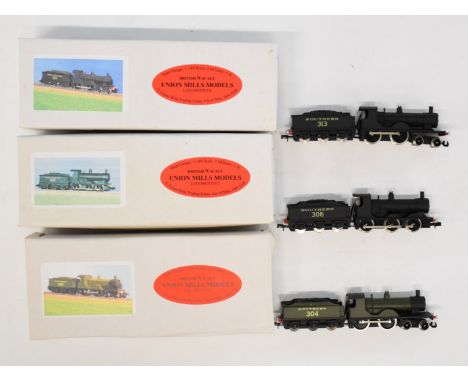 Three Union Mills SR N gauge model railway locomotives, two T9 and a Class 700, all original boxes. 