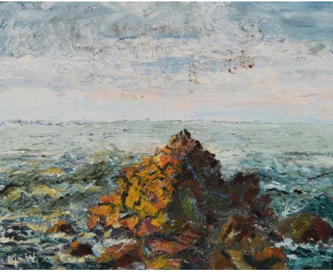 M E Williams oil on board impressionist seascape 'The Rock Sandymouth', titled, priced at 8gns and dated 1959 to label verso,