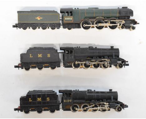 Three Graham Farish N gauge model railway locomotives 60052 and two LMS 2-8-0.&nbsp;