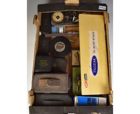 Measuring tools including Mitutoyo dial calipers, Moore &amp; Wright micrometers, dial test indicators, rev counters etc