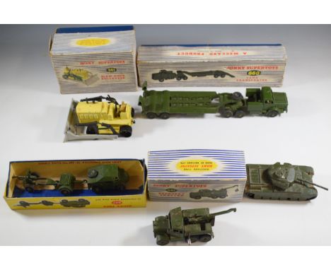Five Dinky Supertoys diecast vehicles comprising Blaw-Knox Bulldozer 961, Tank Transporter 660, Recovery Tractor 661, 25-Poun
