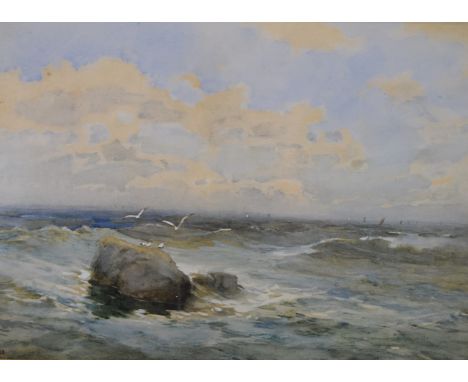 Helen O'Hara (Irish 1846-1920) watercolour seascape 'Morning' with birds resting on a rock and sailing boats beyond, monogram