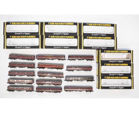 Fourteen Graham Farish BR(M) N gauge model railway coaches, all in original boxes.
