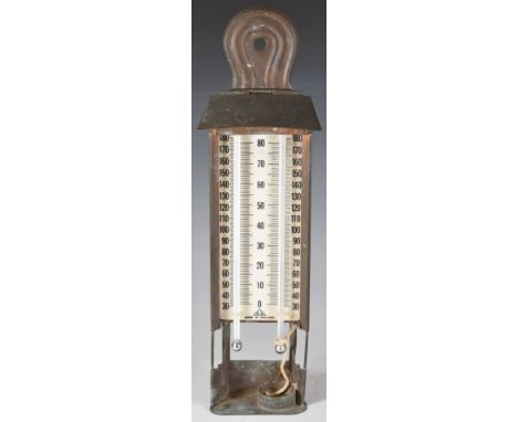 Negretti and Zambra garden thermometer / hygrometer, with dry and wet thermometers, on a ceramic scale, housed in a copper ca