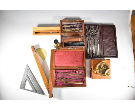 19thC and later drawing sets including a rosewood cased set with lift out tray, Rabone Chesterman folding rule, sundial/compa