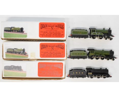 Three Union Mills LNER N gauge model railway locomotives B12/3, D20 and J39, all original boxes. 