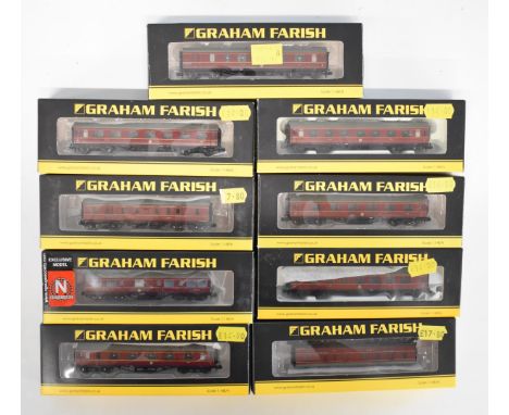Nine Graham Farish LMS N gauge model railway coaches, all in original boxes.