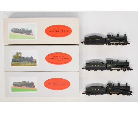 Three Union Mills GWR N gauge model railway locomotives Duke Dog, Dean Goods and Collett 0-6-0, all original boxes. 