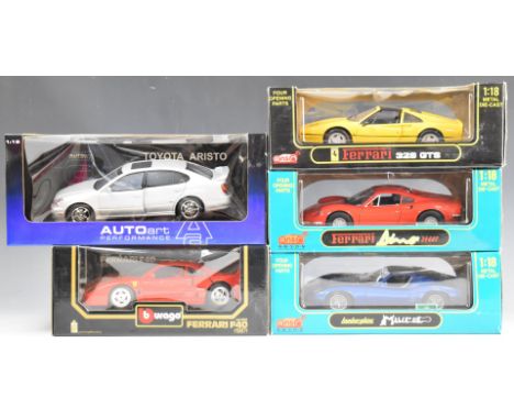 Five 1:18 scale diecast model sports cars by Anson, Burago and Auto Art Performance to include Ferrari 328GTS, Ferrari F40 19