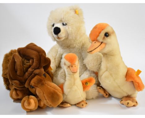 Four Steiff plush toys comprising Duck &amp; Duckling, Moose and Polar Bear, all with original tags and buttons, tallest 37cm