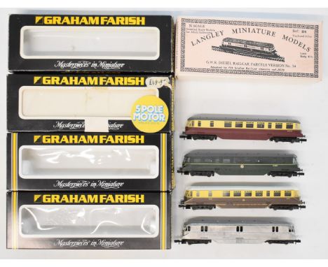 Four Graham Farish BR and GWR N gauge model railway diesel railcar locomotives including kit built Langley Parcels version, a