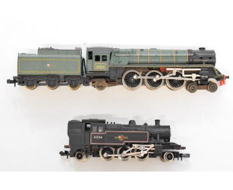Two Hornby Minitrix N gauge model railway locomotives Britannia 7000 and 2-6-2 tank. 