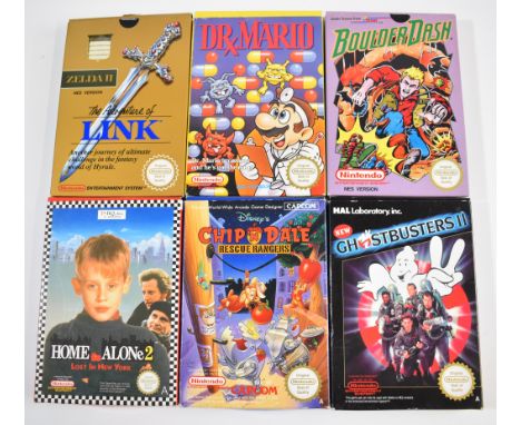 Six Nintendo NES games comprising Zelda II The Adventures of Link, Dr. Mario, Chip 'n' Dale Rescue Rangers, Home Alone 2 Lost
