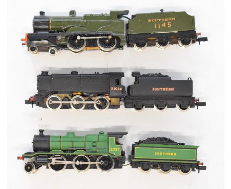 Three kit built with Graham Farish SR N gauge model railway locomotives. 