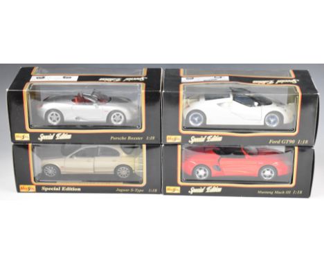 Four Maisto 1:18 scale diecast model cars comprising Jaguar S-Type, Ford GT90, Porsche Boxster and Mustang Mach III, all in o