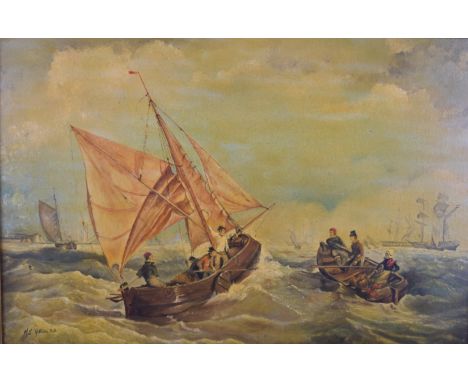 Oil on canvas seascape with small sailing boats negotiating a choppy sea with larger ships beyond, indistinctly signed lower 