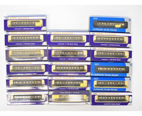 Seventeen Dapol GWR N gauge model railway Collett coaches, all in original boxes.