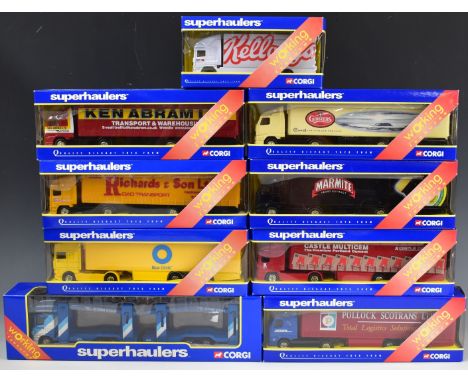 Nine Corgi Superhaulers 1:64 scale diecast model lorries to include Volvo Curtainside Marmite, TY86716, Volvo Box Trailer Gin