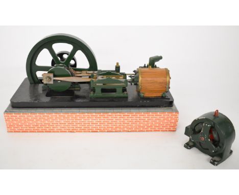 Live steam horizontal stationary engine, with double acting cylinder, spoked flywheel and boiler feed pump, on faux brick bas