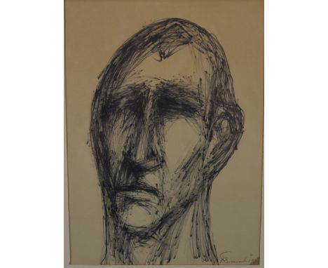 Simcock pen sketch abstract portrait of a man, signed and dated 1961 lower right, 26 x 18.5cm, in part gilt frame