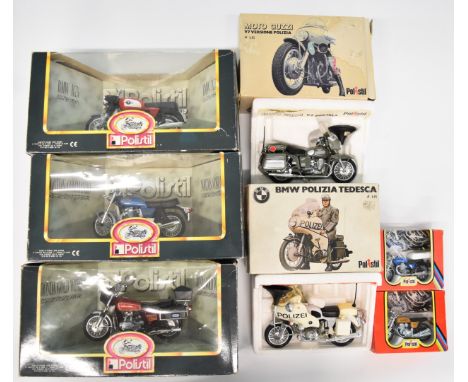 Seven Polistil diecast model motorbikes to include BMW Polizia Tedesca MS109, Moto Guzzi V7 Versione Polizia MS108, Norton Co