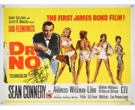 James Bond Dr. No (1962) British Quad film poster for the first James Bond film, illustration by Mitchell Hooks, starring Sea