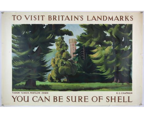 Everywhere You Go You can be sure of Shell - Vintage advertising poster, Tudor Tower, Pentlow, Essex, artwork by K. G. Chapma