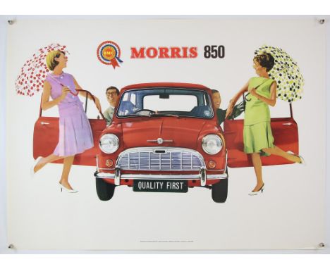 BMC Morris 850 Mini Car poster c 1960, this dealership promo showing the iconic red mini and the imagery suggesting that wome