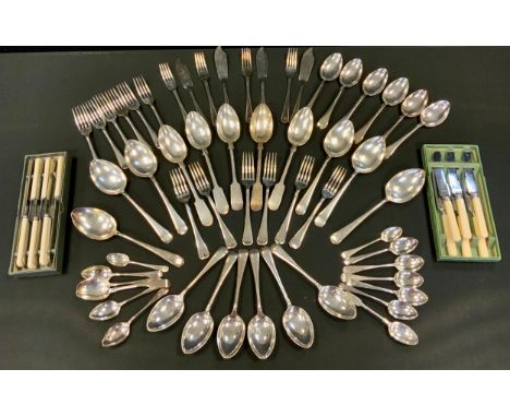 Silver &amp; silver plate - a George III silver tea spoon, others later, 76.3g gross;  Harrods and other flatware, part boxed