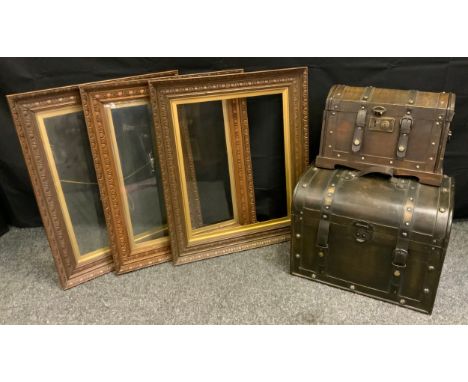 Boxes &amp; Objects - a leather trunk;  another wooden;  set of three carved oak picture frames (5) 