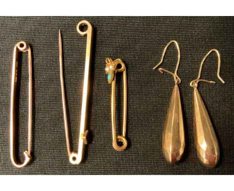 A 9ct gold seed pearl and turquoise bar brooch;  others;  pair of 9ct gold drop earrings, 8.5g gross 