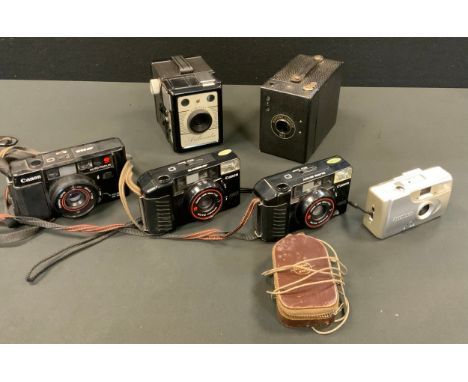 Photography equipment - A Coronet Ambassador 6x9 medium format box camera, original canvas case;  Kodak Portrait Hawkeye medi